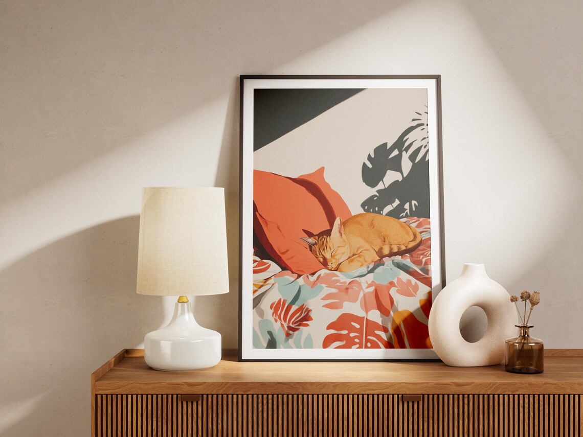 Orange Tabby Cat Sleeping on Tropical Bedding in a Sunlit Room Art Poster - Image 4