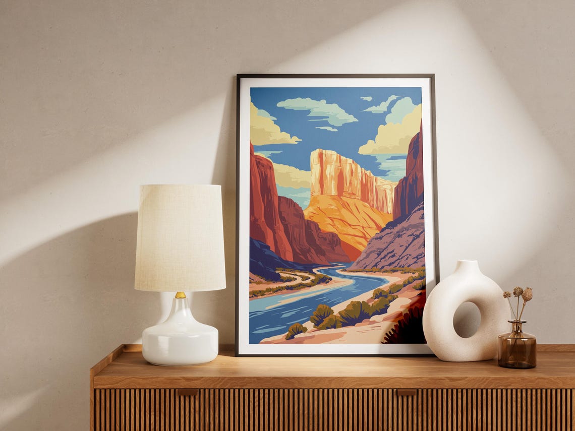 Desert Canyon with Blue River Red Rock Cliffs Travel Art Poster - Image 4