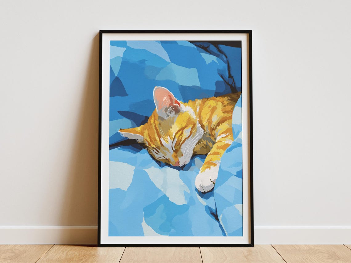 Orange Kitten Sleeping on Blue Blanket Cute Cozy Cat Art Poster