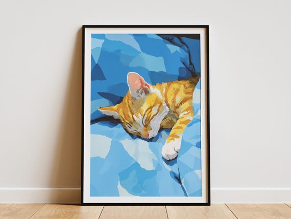 Bengal Kitten Cat Sleeping In Bed Matisse Style Abstract Wall Art Print Cozy Pet Portrait Ginger Blue Blanket Bedroom Decor Animal