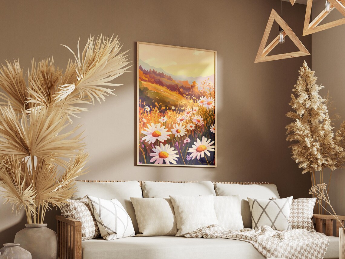 White Daisy Meadow Golden Hour Mountain View Dreamy Floral Poster - Image 3