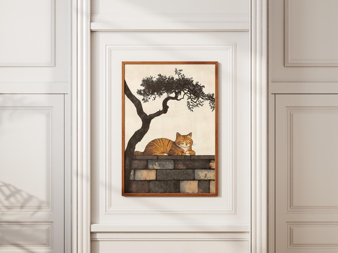 Sleeping Orange Tabby Cat on Stone Wall Beneath a Black Pine Art Poster - Image 2