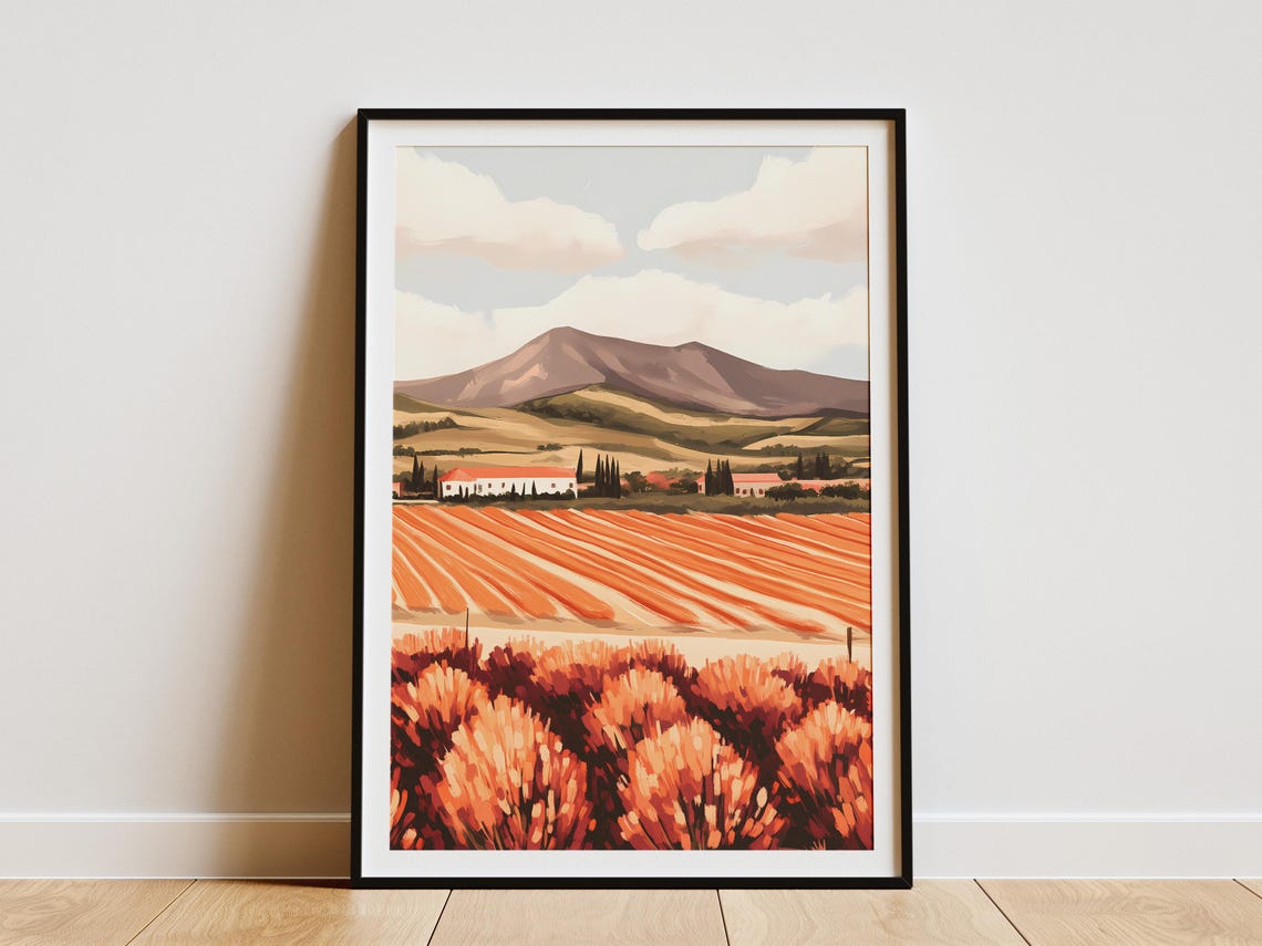 Orange Flower Field Rolling Hills Farmhouse Rustic Art Poster
