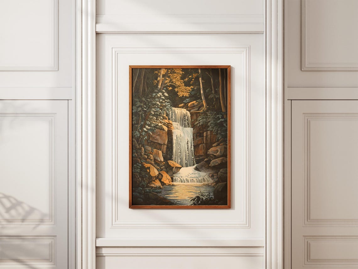 Forest Waterfall Cascading Over Mossy Rocks Vintage Nature Poster - Image 2