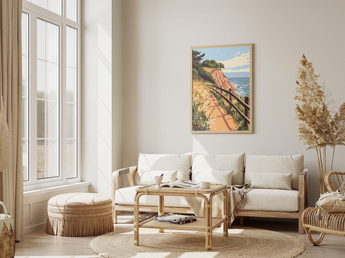 Cliffside Path Along Ocean Overlook Coastal Trail Illustration Poster - Image 4