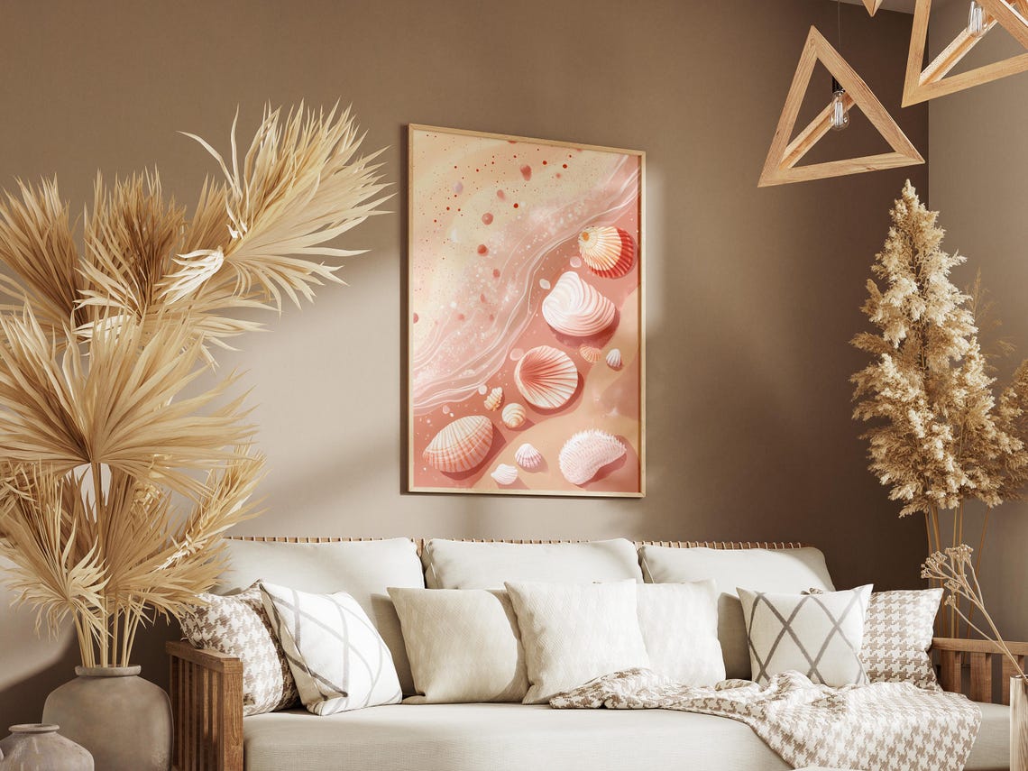 Pink Seashells Scattered Across a Soft Blush Sandy Shore Poster - Image 3