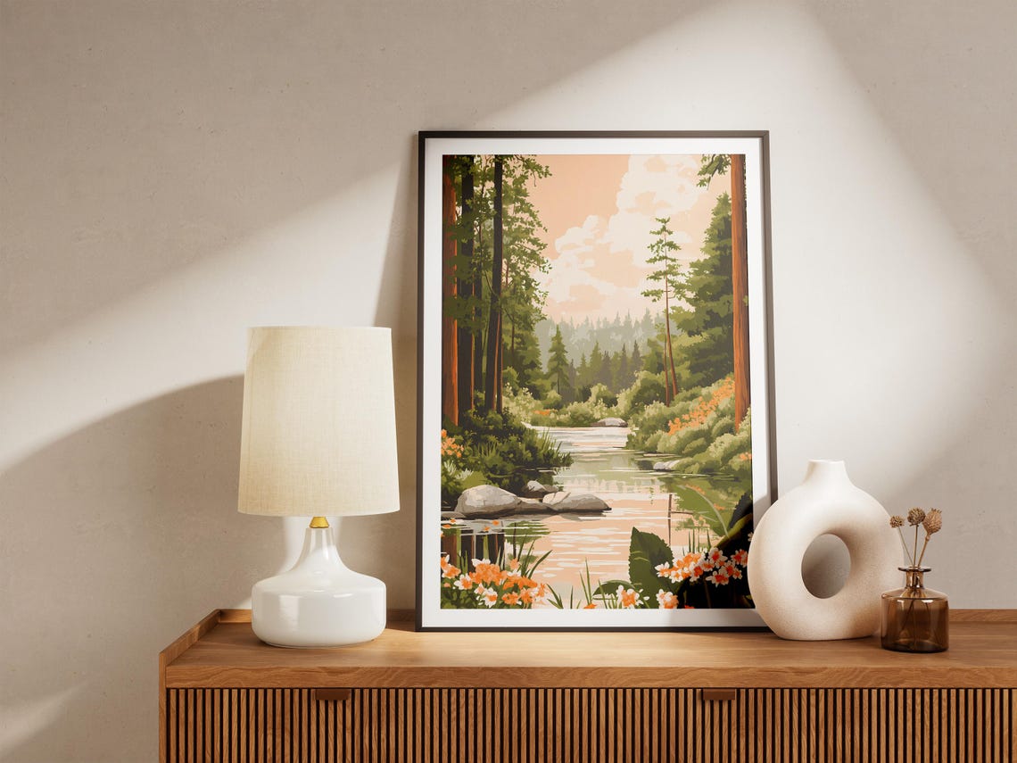 Spring Forest River With Orange Daisies Beneath Tall Trees Poster - Image 5