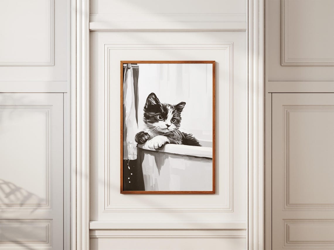 Munchkin Kitten Bathtub Poster Black And White Cute Cat Wall Decor - Image 2