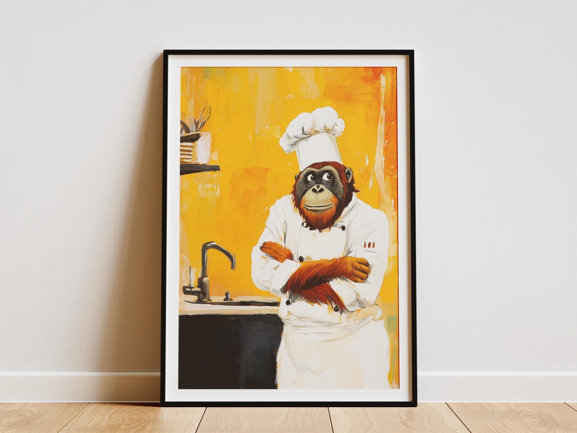 Orangutan Chef With Crossed Arms In Bright Yellow Kitchen Poster