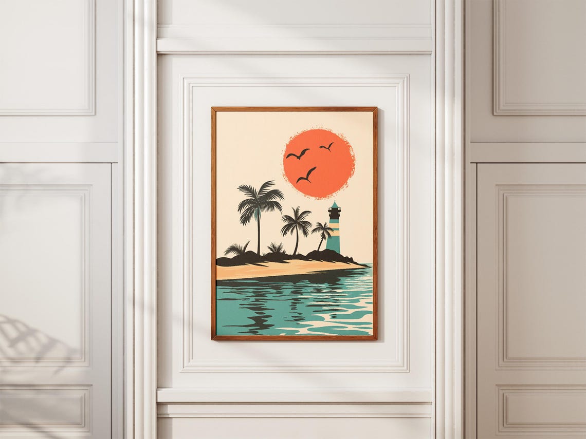 Tropical Island Lighthouse Palm Trees Red Sunset Minimal Poster - Image 2
