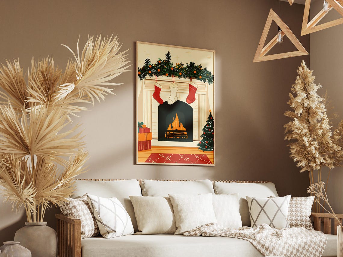 Cozy Christmas Fireplace With Stockings and Tree Holiday Poster - Image 3