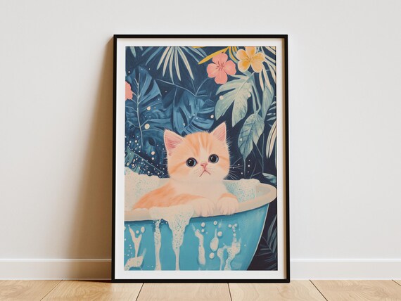 Orange Kitten Bubble Bath Dark Tropical Floral Leaves Art Poster