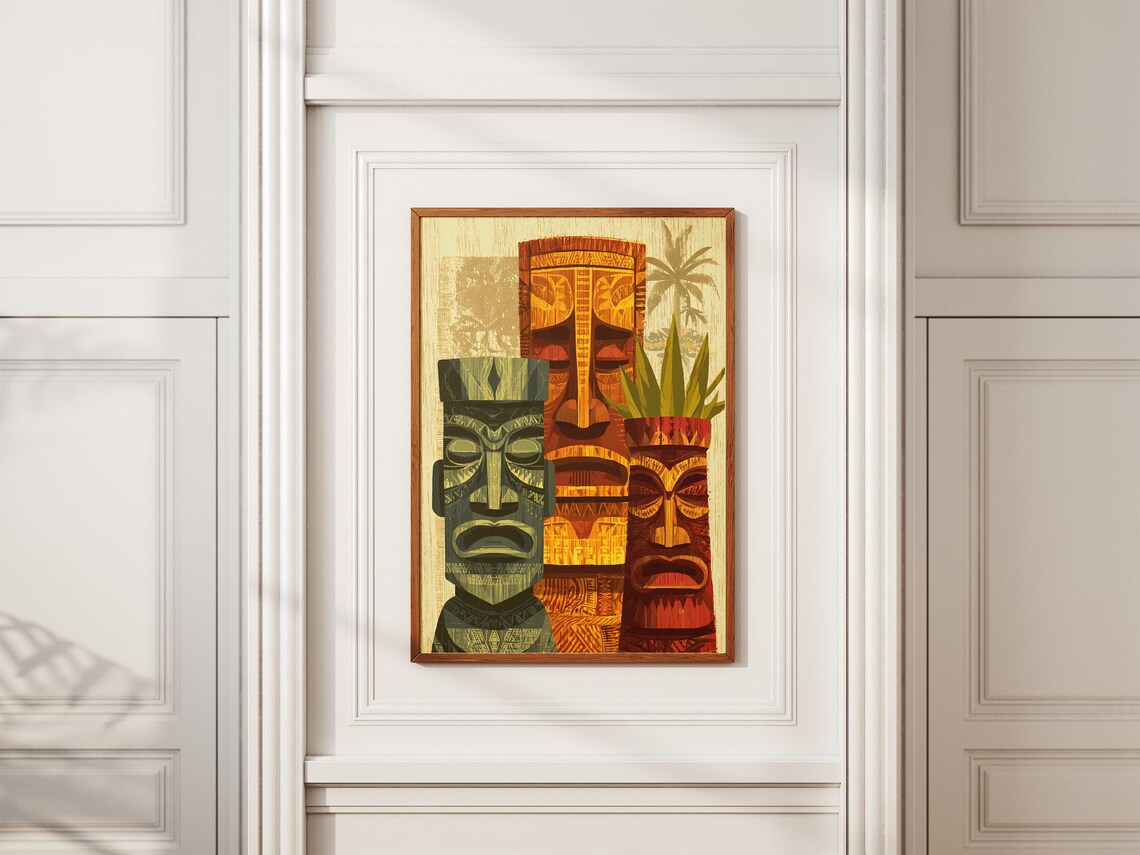 Tiki Gods Hawaiian Tribal Pattern Poster, Vintage - Image 2