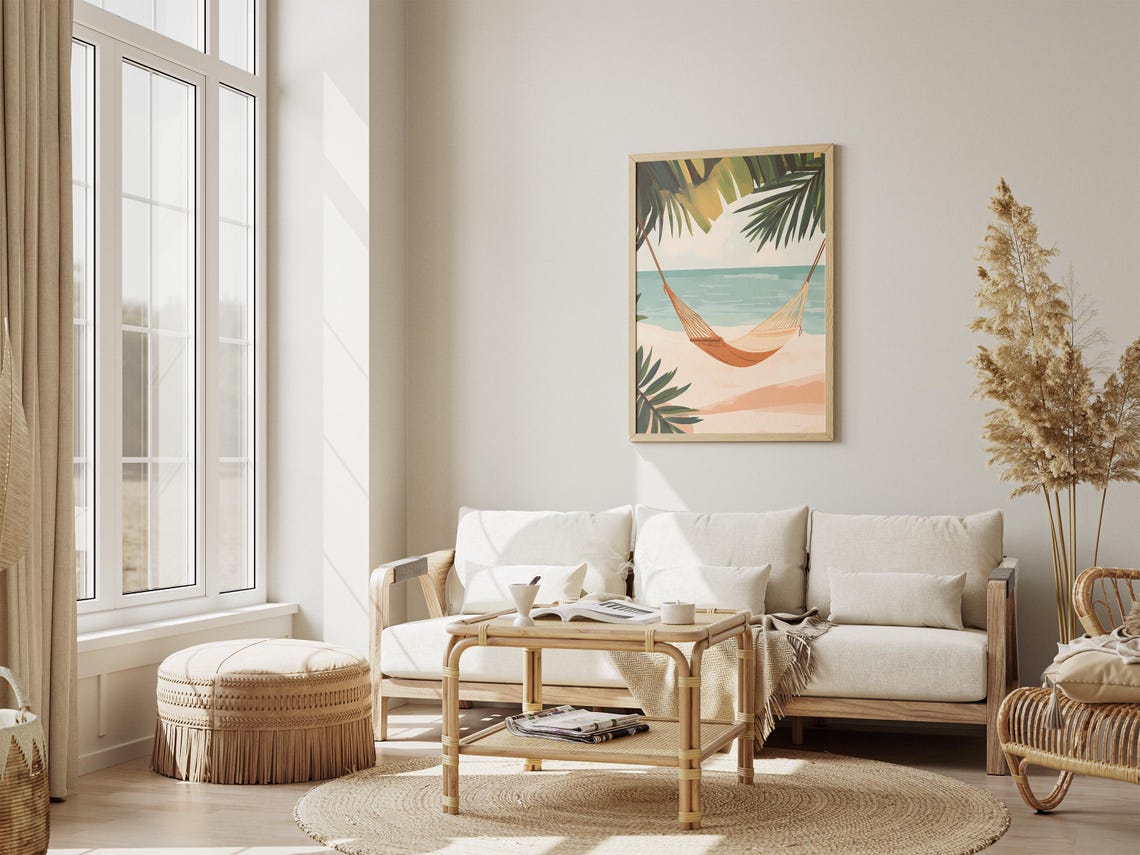 Orange Hammock on Tropical Beach Palm Fronds Ocean View Poster - Image 4