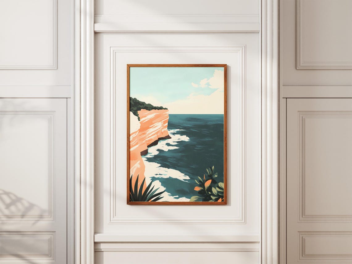 Peach Sea Cliffs Over Teal Ocean Waves Coastal Landscape Poster - Image 2