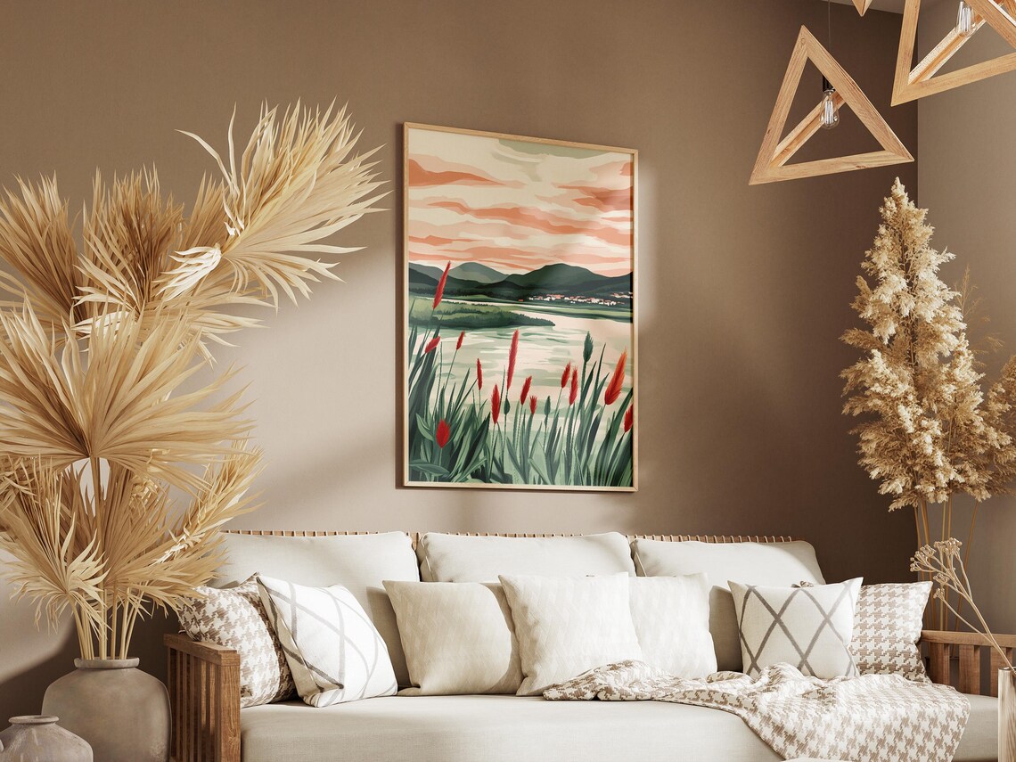 Crimson Cattail Reeds by a Calm Lakeside Meadow Sunset Poster - Image 3