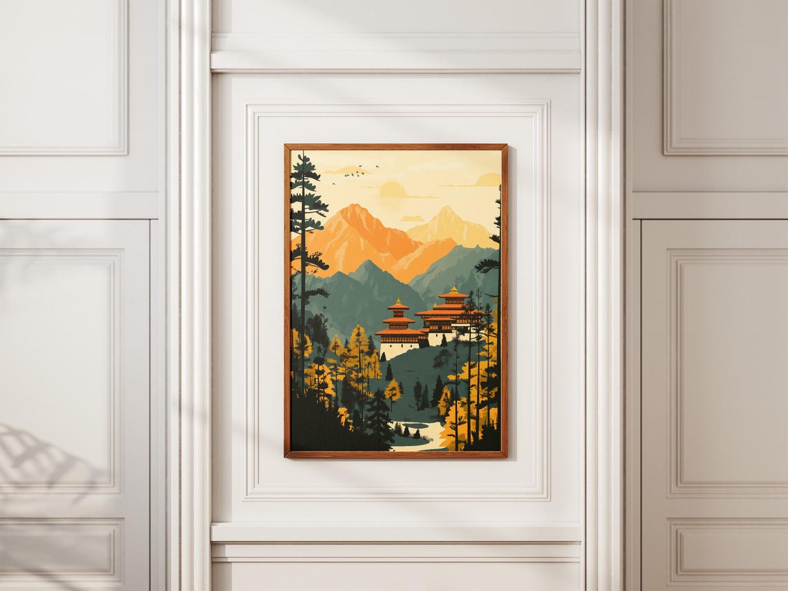 Bhutan Himalayan Monastery Golden Mountain Peaks Temple Art Poster - Image 2