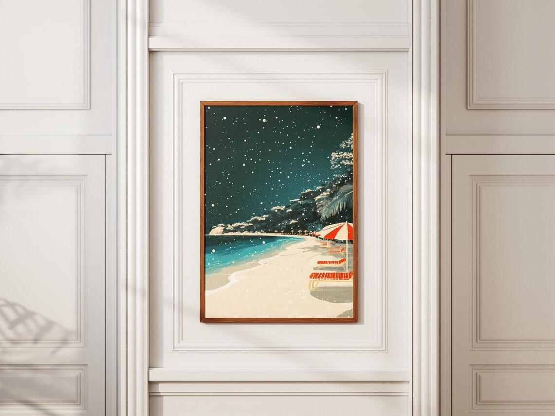 Snowy Beach At Night Starry Sky Red Umbrella Chairs Winter Poster - Image 2