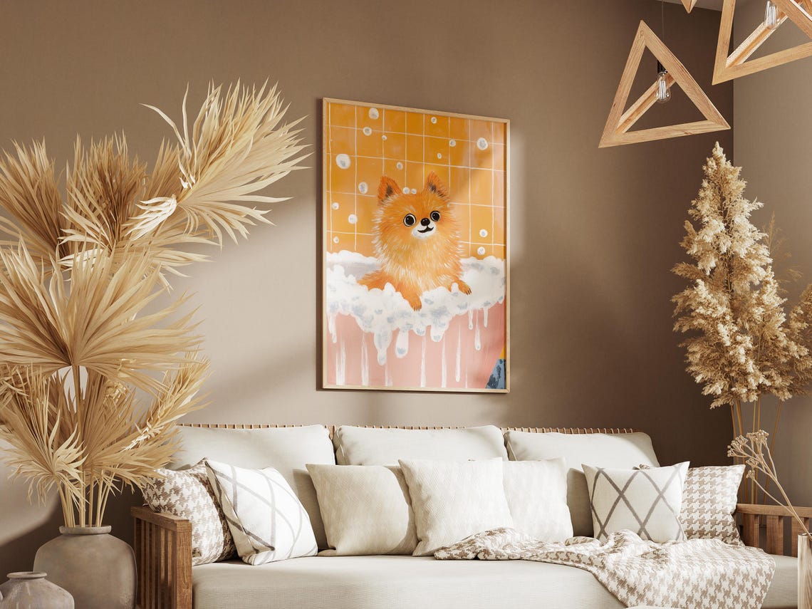 Pomeranian Puppy in Foamy Bubble Bath Orange Tile Cute Dog Wall Poster - Image 3