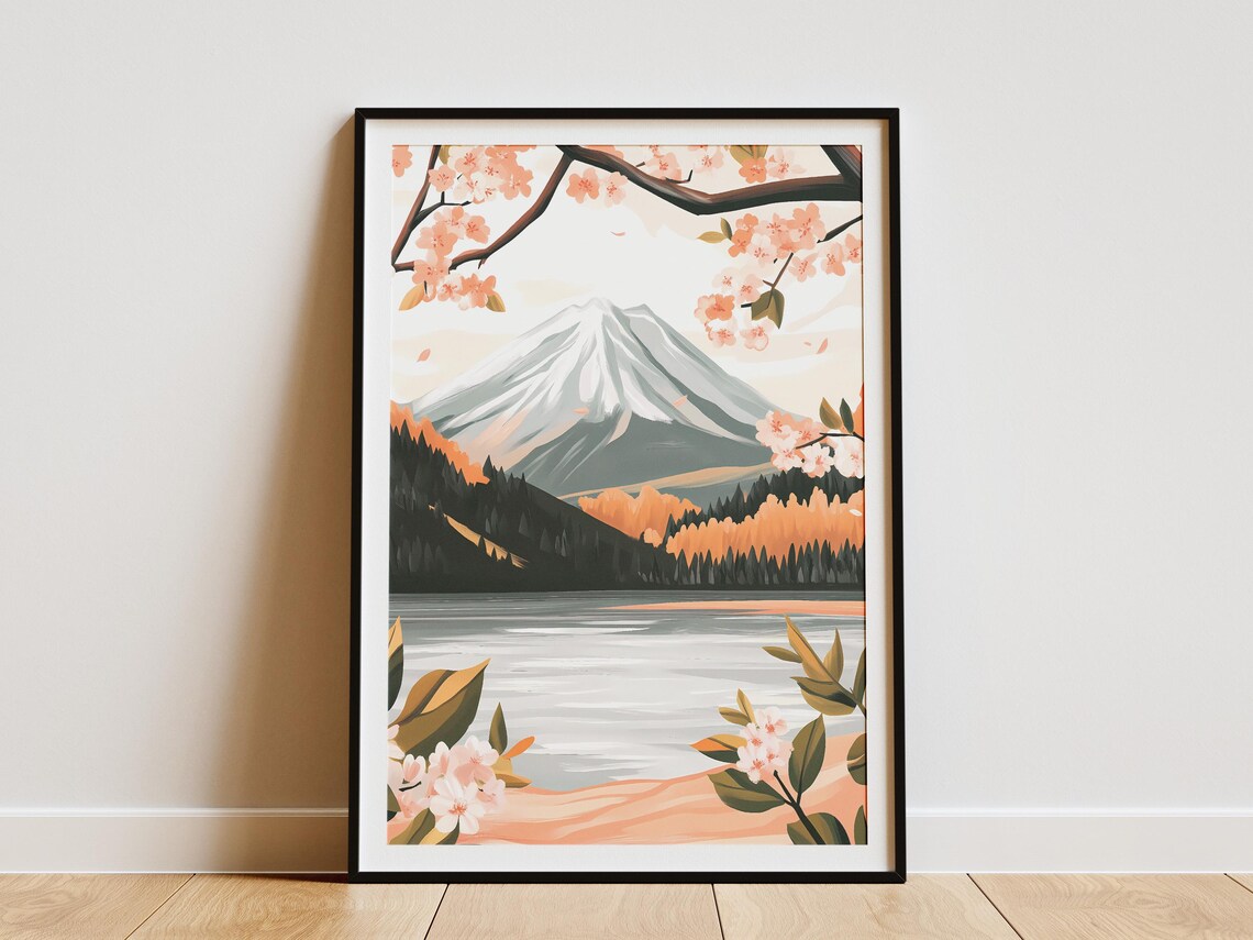 Cherry Blossom Branches Snow Capped Mountain Lake Scenic Poster