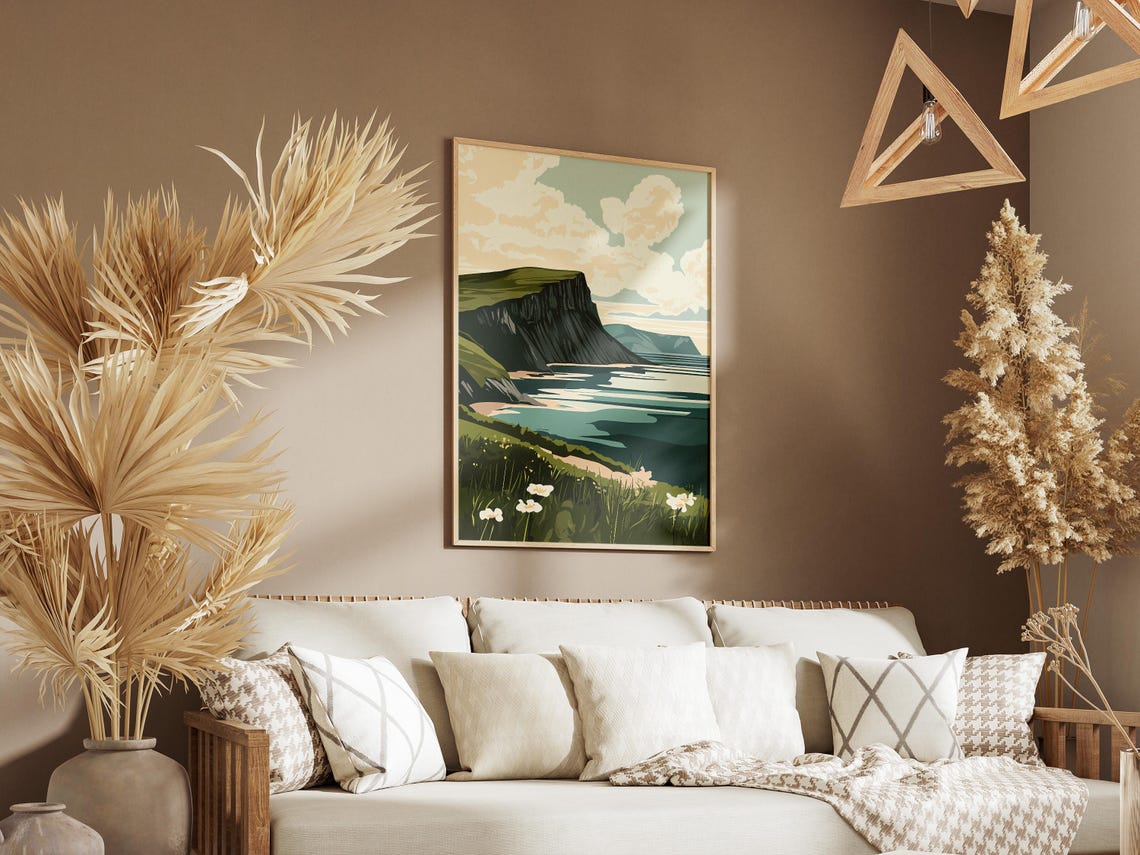 Dramatic Coastal Cliffs Over Turquoise Sea Vintage Travel Poster - Image 3