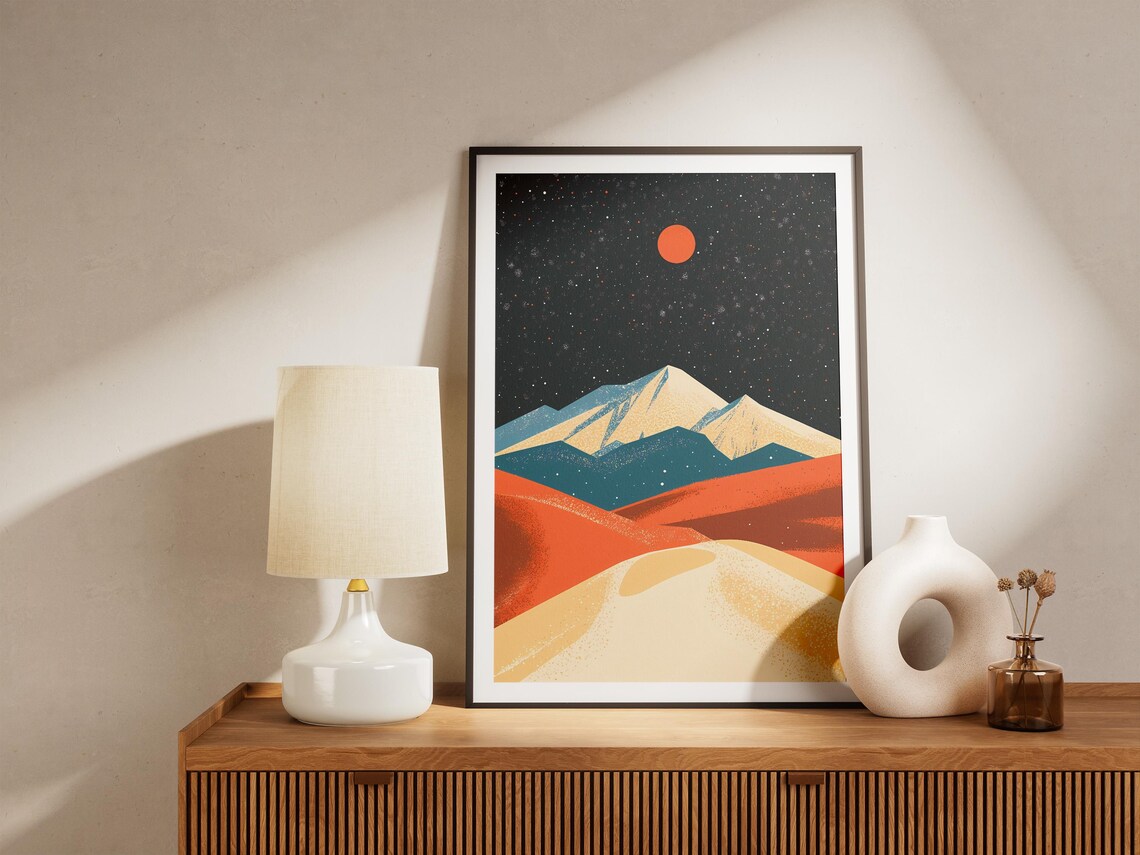 Great Sand Dunes at Night With Red Moon and Snowy Peaks Poster - Image 5