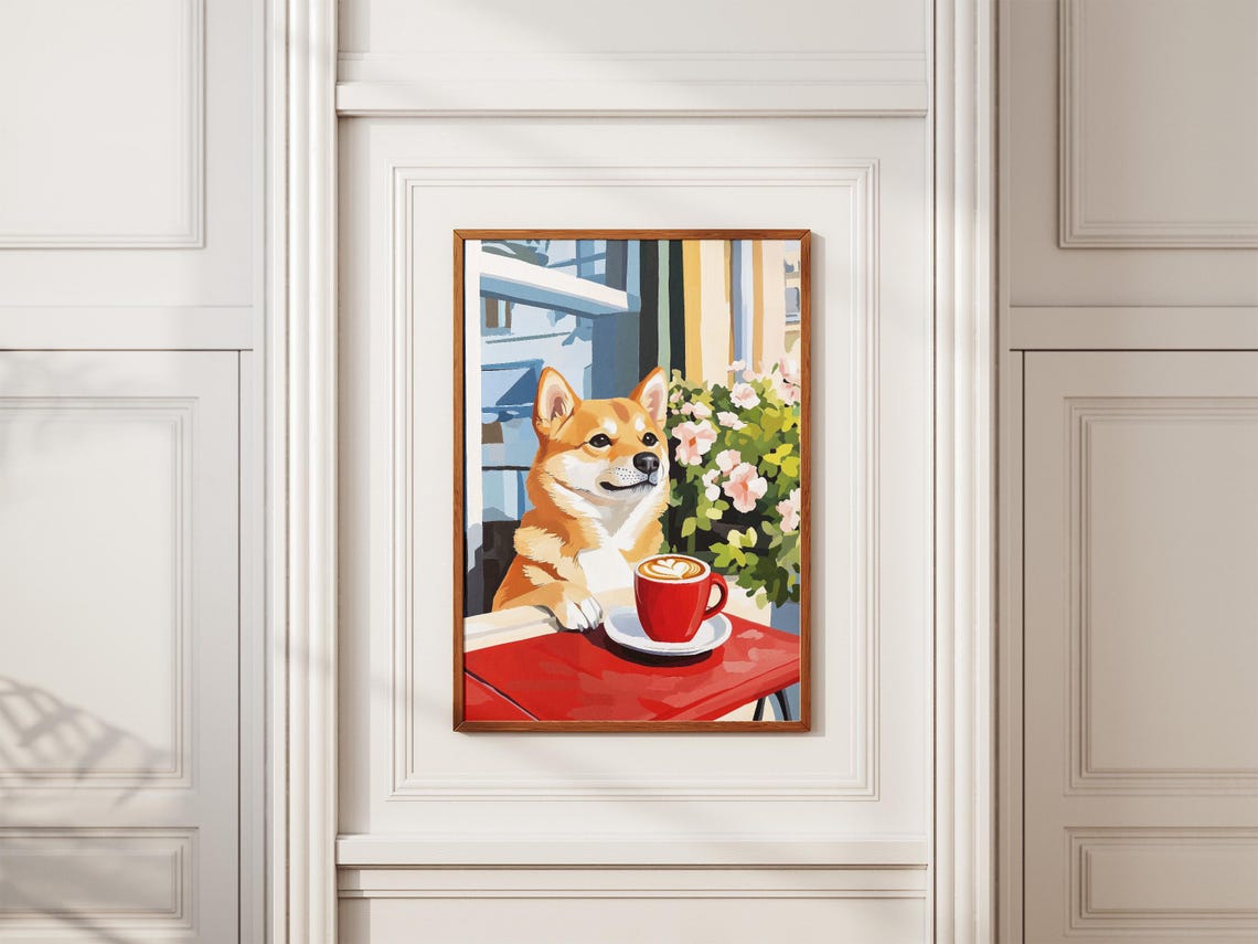Shiba Inu Dog With Red Latte Cup Floral Cafe Table Art Poster - Image 2