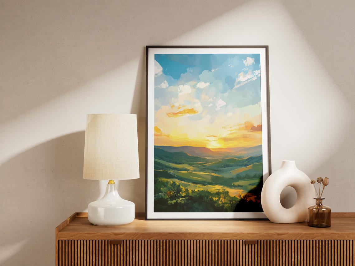 Golden Sunset Light Over Green Rolling Valleys Scenic Poster - Image 4