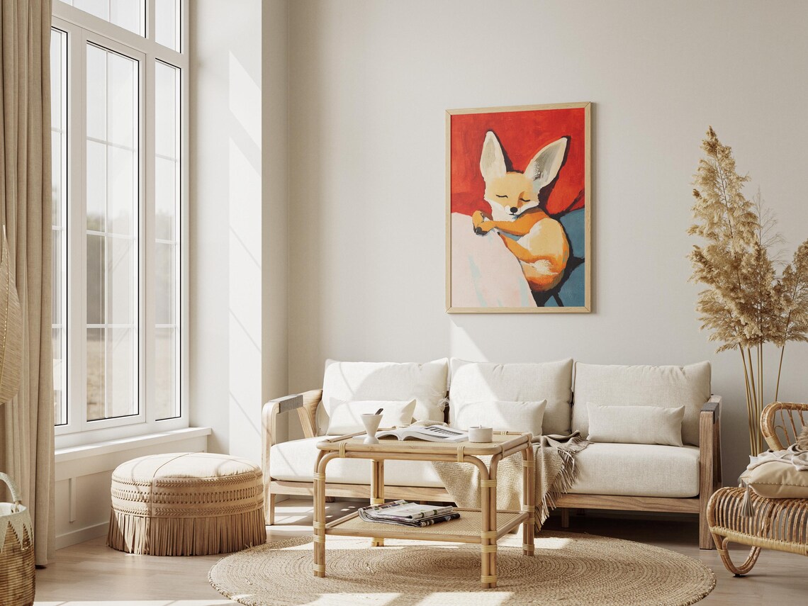 Fennec Fox Curled Up Sleeping on Cushions Against a Bold Red Art Poster - Image 3