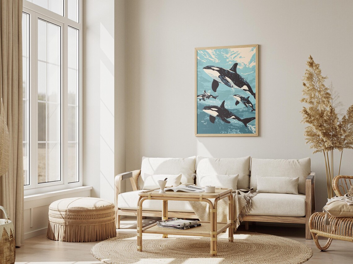 Pod of Four Orca Whales Swimming in Turquoise Ocean Water Poster - Image 4
