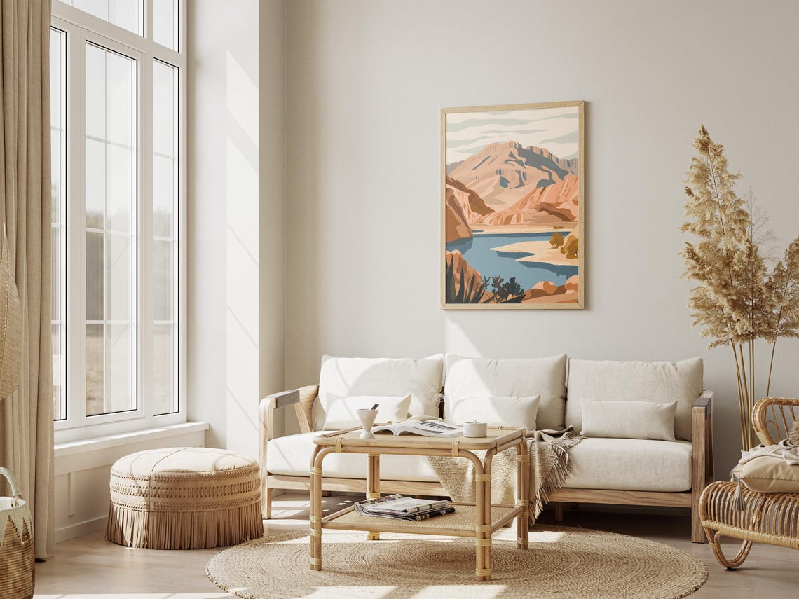 Desert Canyon With Blue Lake And Beige Mesa Mountains Poster - Image 4