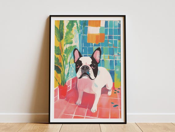 French Bulldog Shower Print Painting Dog Art Pink Bathroom Decor Pet Lover Gift Modern Abstract Animal Poster Cute Puppy Wall