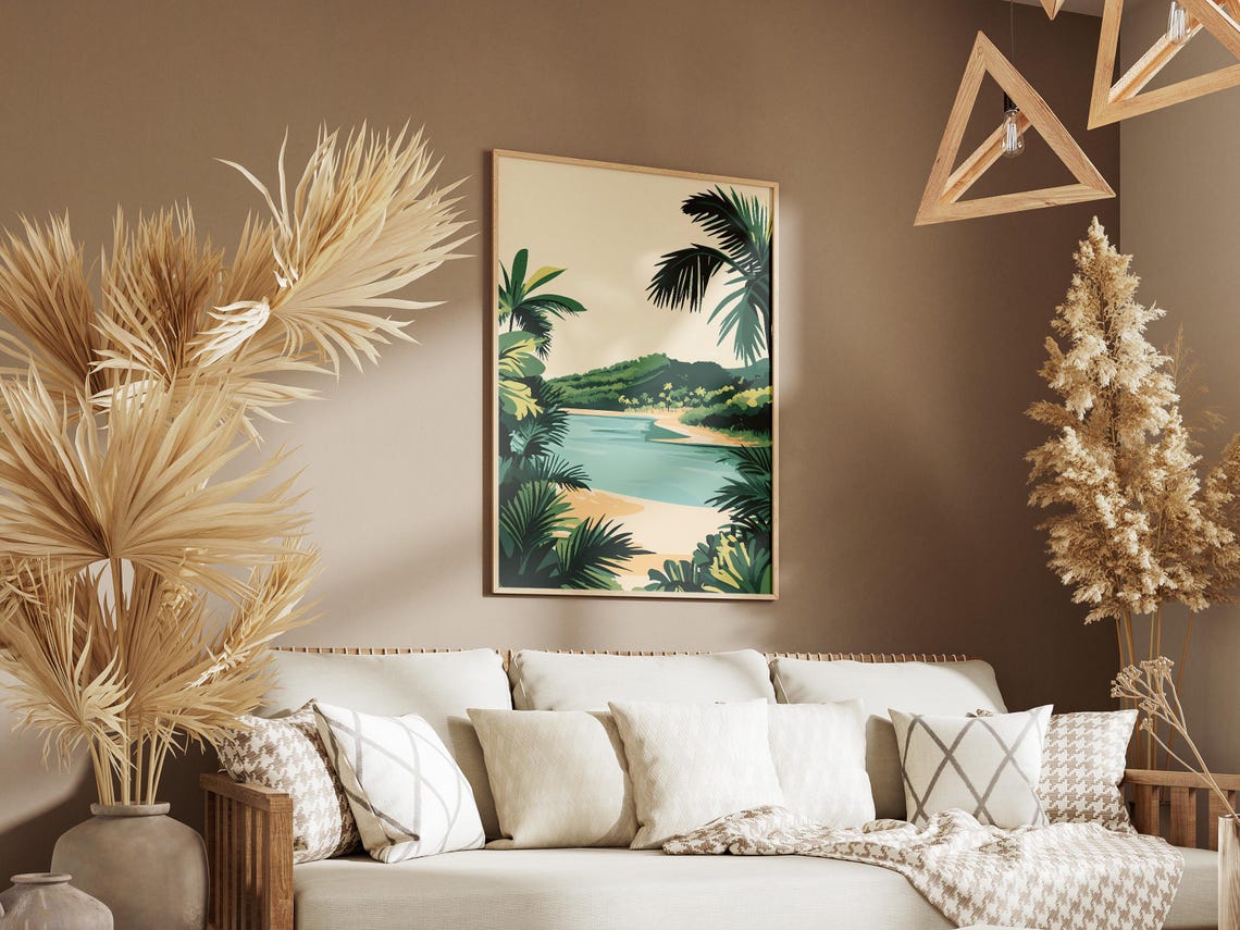 Tropical Lagoon Beach Through Palm Fronds Hillside View Poster - Image 3