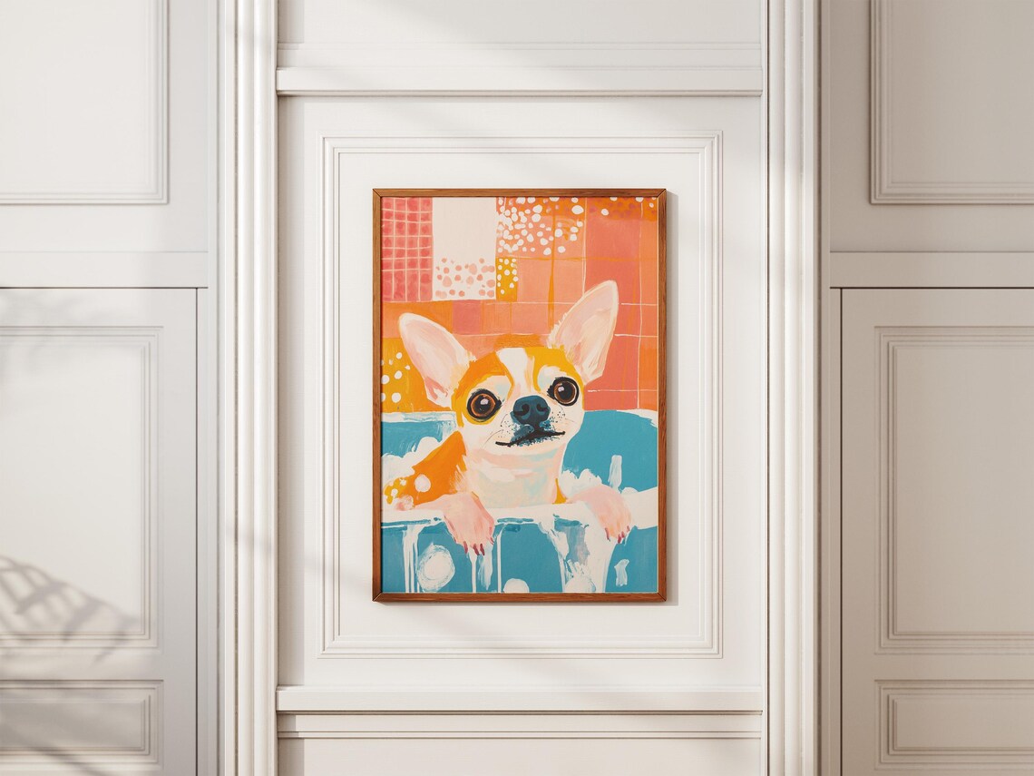 Adorable Chihuahua Puppy Taking A Bubble Bath In Blue Tub Poster - Image 2