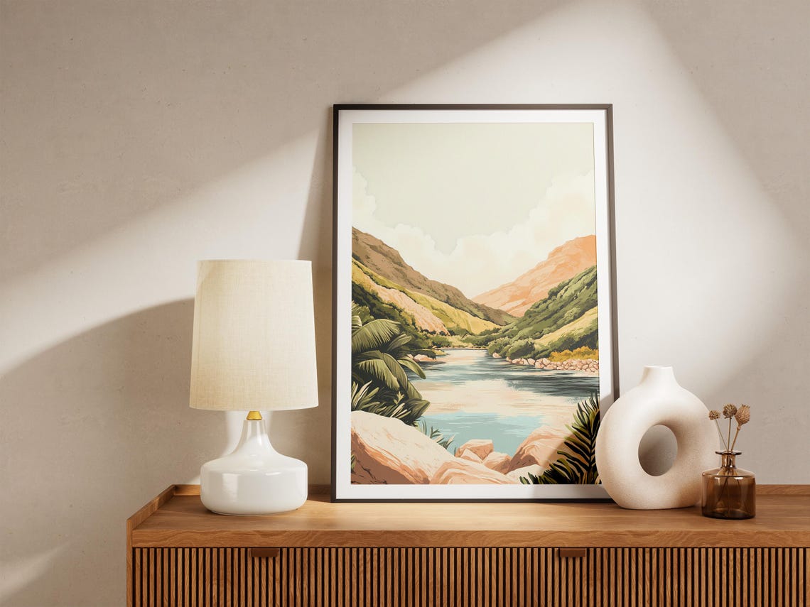 Calm River Valley Between Green Hills Tropical Landscape Poster - Image 5