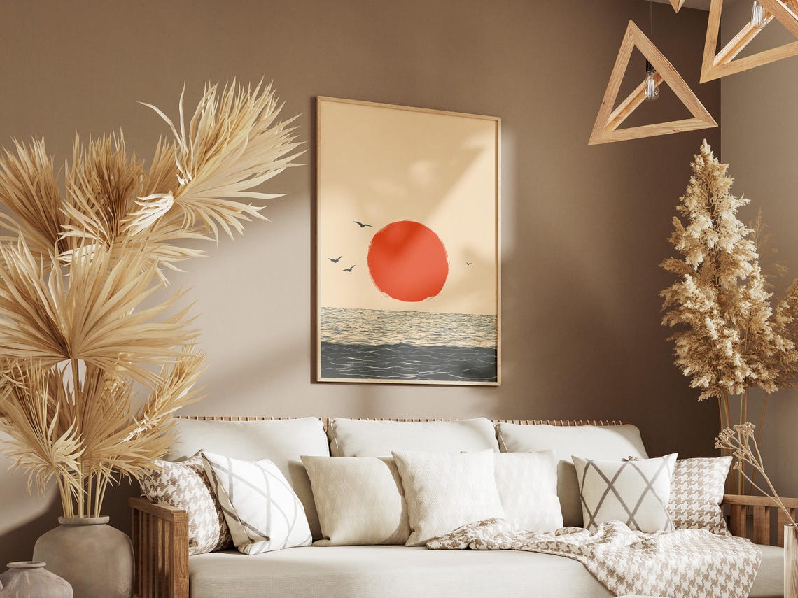 Bold Red Sun over Ocean with Seabirds Minimalist Sunset Poster - Image 3
