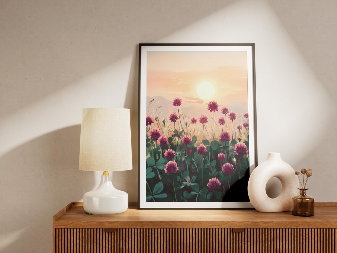 Red Clover Blossoms Soft Sunrise Meadow Warm Glowing Flower Poster - Image 5