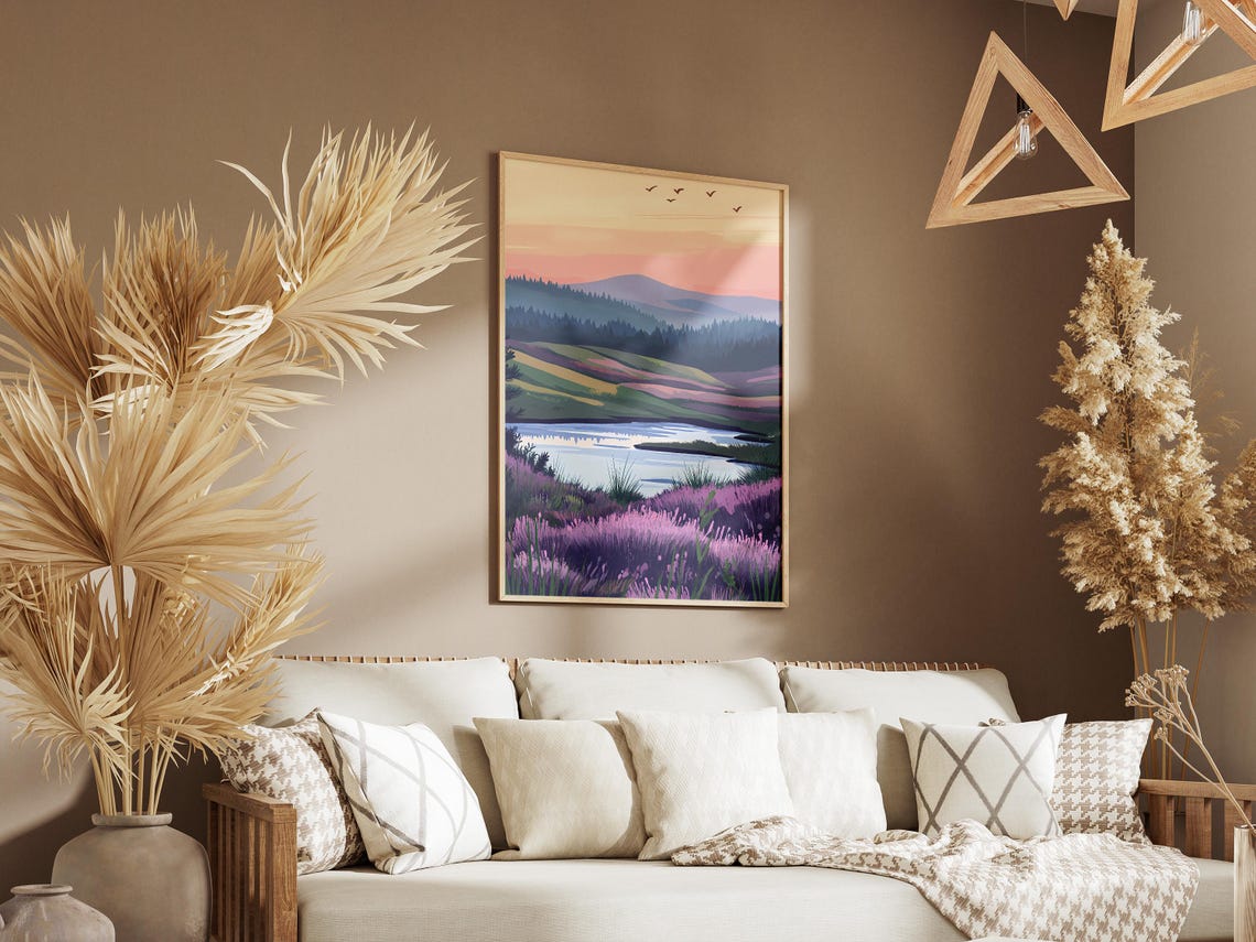 Purple Heather and Moss Hill Sunset Lakeside Scenic Art Poster - Image 3