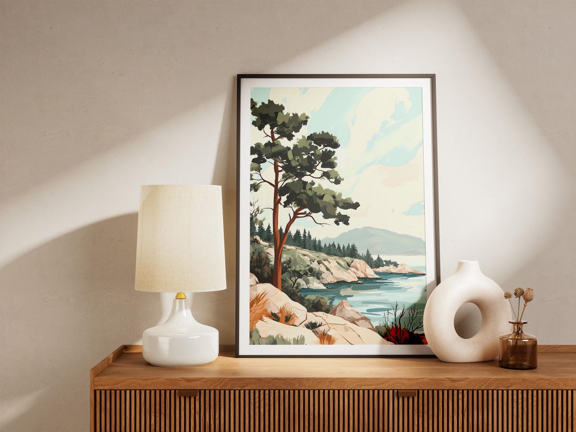 Tall Pine Tree Rocky Coast Calm Blue Water Mountain View Art Poster - Image 5