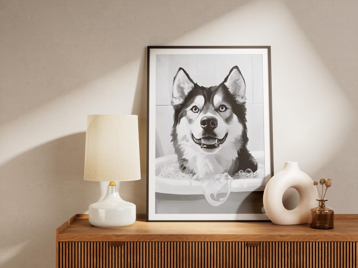 Alaskan Malamute in Bubble Bath Black and White Happy Dog Decor Poster - Image 4