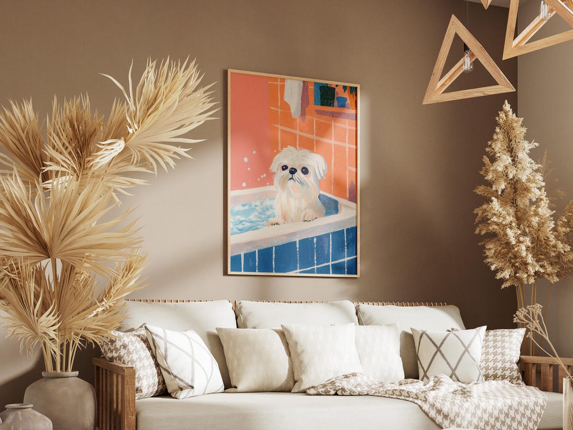 Maltese Dog Bubble Bath Cute Puppy Coral Bathroom Art Poster - Image 3