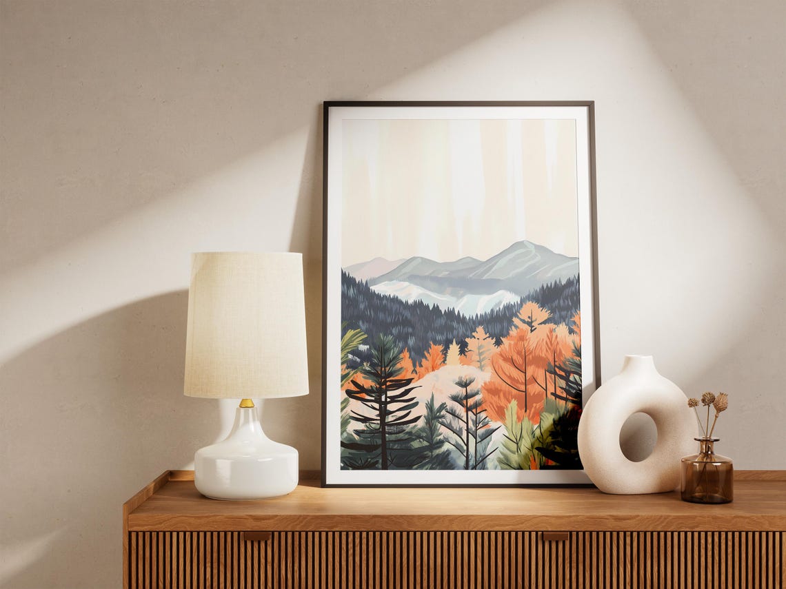 Foggy Pine Forest With Glowing Orange Trees at Dawn Landscape Poster - Image 5