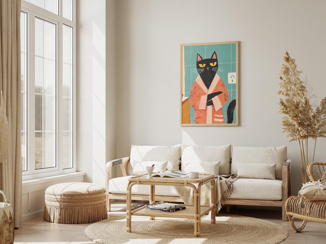 Black Cat in Coral Bathrobe Teal Bathroom Funny Cat Portrait Poster - Image 4