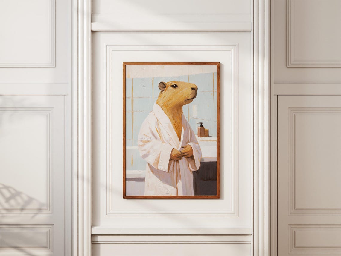 Chill Capybara Standing Tall in a White Bathrobe Bathroom Poster - Image 2
