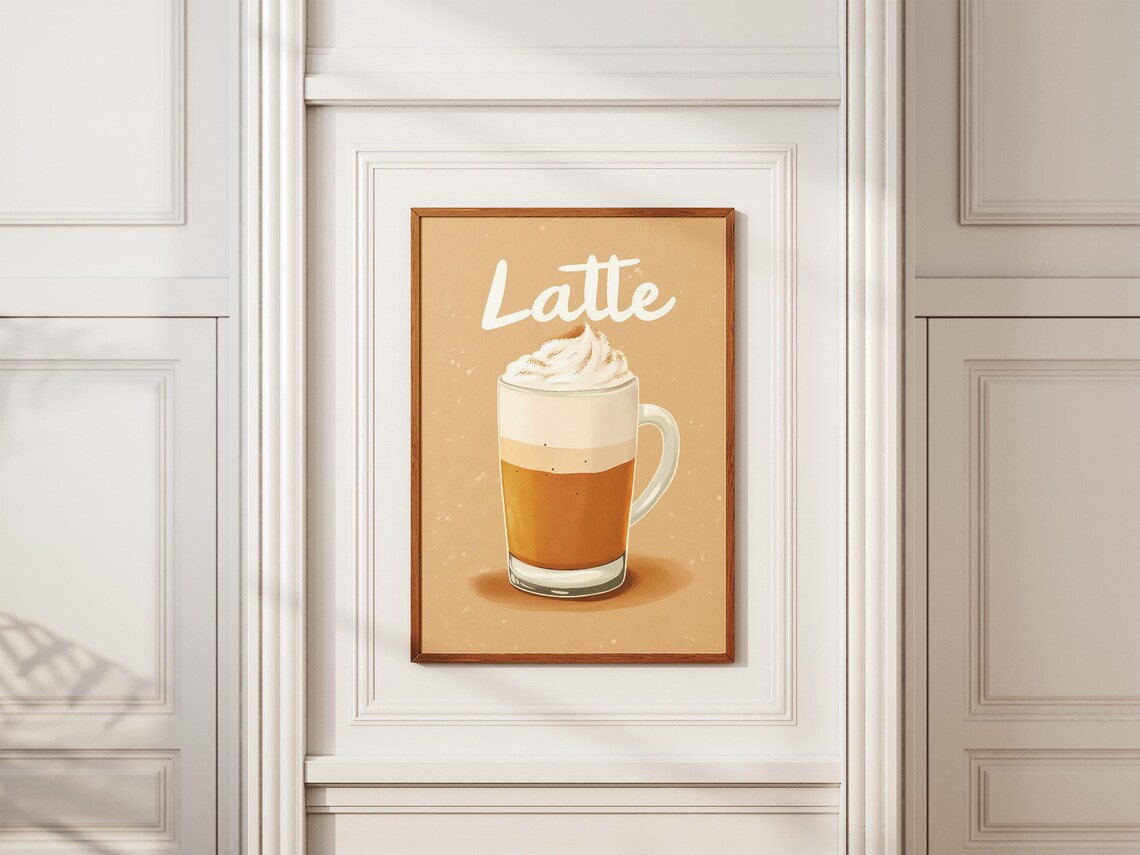 Classic Latte Coffee Tall Glass Cup Creamy Cafe Illustration Poster - Image 2