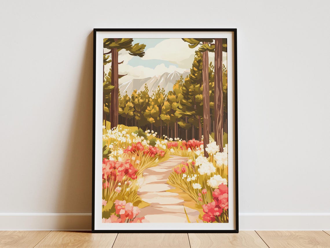 Pink Wildflower Forest Trail Between Tall Green Pine Trees Poster