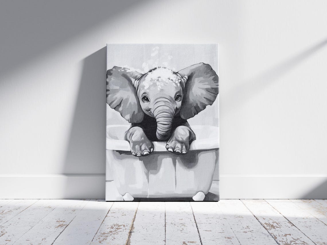 Baby Elephant in Bathtub Black and White Cute Kids Room Decor Poster - Image 2