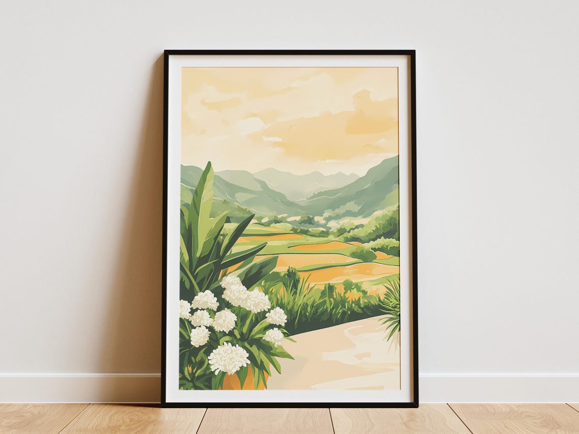 Green Rice Terrace Valley White Blossoms Yellow Sky Scenic Poster