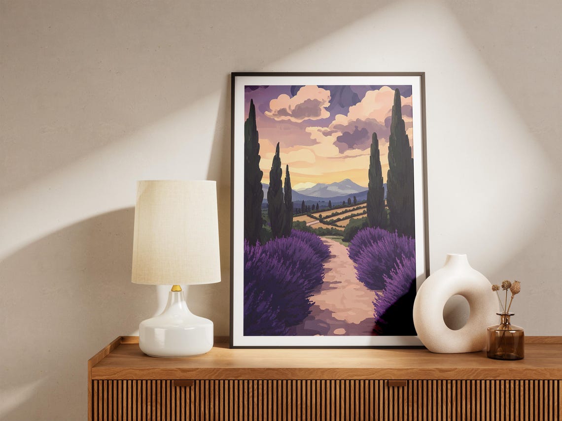 Lavender Field Path Sunset Cypress Trees Romantic Landscape Poster - Image 5