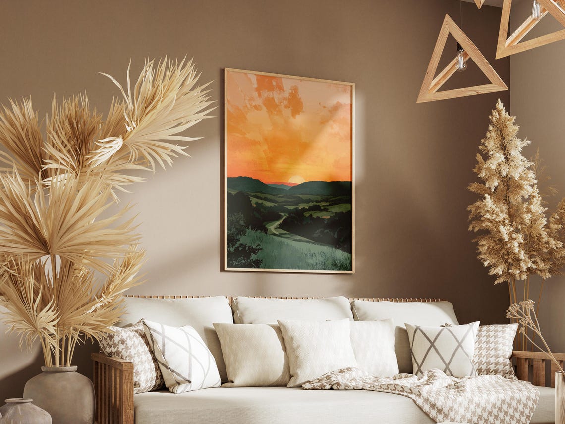 Orange Sunset Over Rolling Green Hills And Country Road Poster - Image 3